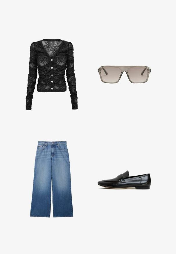 Sort langærmet cardigan lavet af gennemsigtig blonde med rynkede detaljer, med V-hals og seks sølvfarvede knapper foran.; Vidbenede blå denim jeans med falmet front, fem-lomme stil, knap- og lynlåslukning samt lille Calvin Klein-label på forlommen.; Sorte læderloafers med en glat overflade, rund tå og en dekorativ rem over forfoden. Letvægts sål med en let hæl.; Rektangulære solbriller med gennemsigtige grå plastikrammer og gråtonede linser, vist forfra på en hvid baggrund.