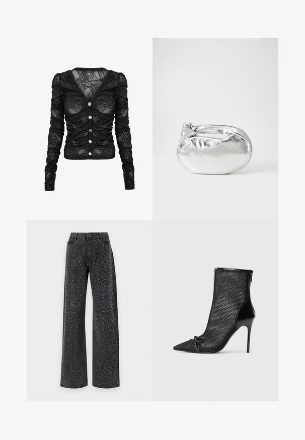Sort langærmet cardigan lavet af gennemsigtig blonde med rynkede detaljer, med V-hals og seks sølvfarvede knapper foran.; Noisy May Rhinestone - Jeans Relaxed Fit - black denim; Sort mesh ankelstøvle med spids tå, stiletto-hæl og dekorativ sløjfe foran. Har en blank finish på hælen og lynlåsen.; Sølvmetallic pose med en blød, rund form og en knyttet lukning foroven. Fremstillet af glat faux lædermateriale.