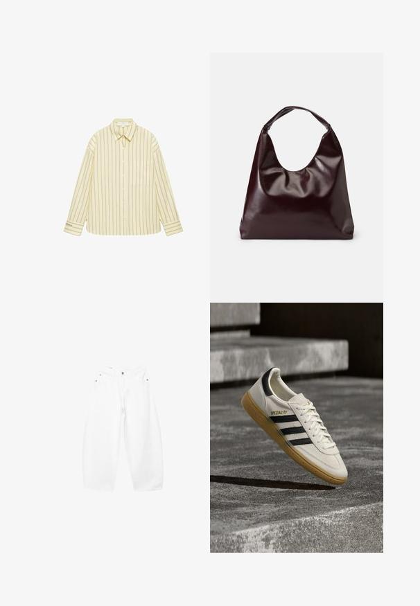 Chemise boutonnée jaune clair avec fines rayures verticales marron, manches longues, col, poche poitrine et petit texte sur le poignet gauche.; Jean blanc en coton à jambes larges, fermeture devant par bouton et zip, passants pour ceinture, style cinq poches.; Baskets Adidas Spezial blanches avec des rayures noires et une semelle en gomme flottant au-dessus de marches en pierre grises à l'extérieur.; Sac en cuir vegan bordeaux, brillant, avec une forme douce et sculpturale et une large poignée incurvée pour un transport facile.