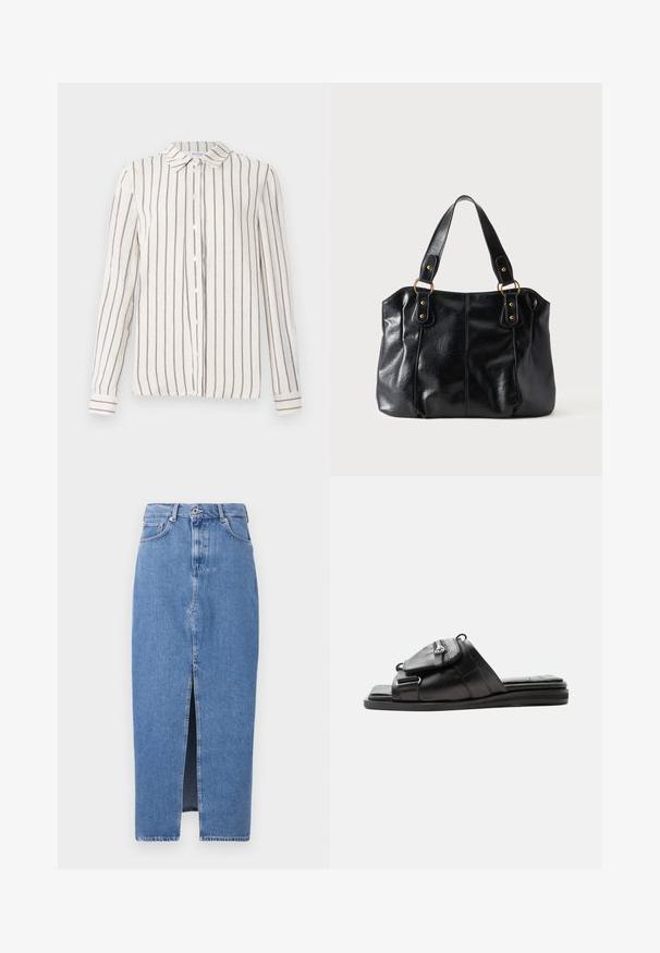 Lichtbeige overhemd met knoopsluiting en verticale marineblauwe strepen, uitgerust met een klassieke kraag, lange mouwen en een rechte zoom. Gemaakt van lichte stof.; Lichtblauwe denim midi-jurk met een voorkant split, klassieke vijf zakken ontwerp en sluiting met bovenste knoop. De stof heeft een lichte textuur.; Zwarte leren slippers met gevoerde zool en vooraan ritsvak detail op het bandje.; Zwarte leren schoudertas met dubbele bandjes bevestigd met gouden ringen en klinknagels, glad en licht glanzend oppervlak, eenvoudig ontwerp.