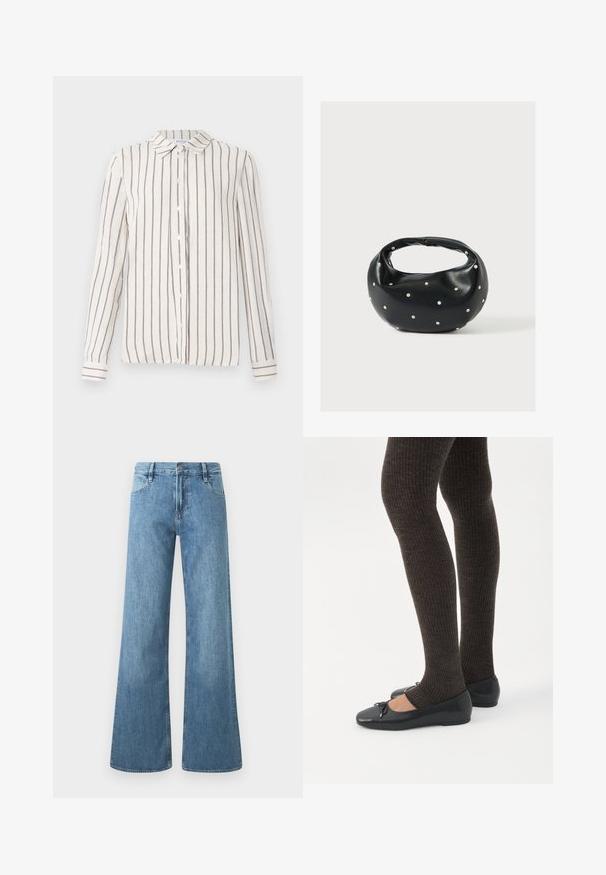 Lichtbeige overhemd met knoopsluiting en verticale marineblauwe strepen, uitgerust met een klassieke kraag, lange mouwen en een rechte zoom. Gemaakt van lichte stof.; Lichtblauwe wijde jeans van denim. Heeft een hoge taille, vijf zakken, en een knoopsluiting met zichtbare stikseldetails.; Benen met donkere geribbelde leggings gecombineerd met zwarte ballerina's met kleine strikdetails op een witte achtergrond.; Zwarte leren handtas met een afgeronde vorm, versierd met zilveren studs, en een korte handgreep. Gladde textuur en ritsluiting.
