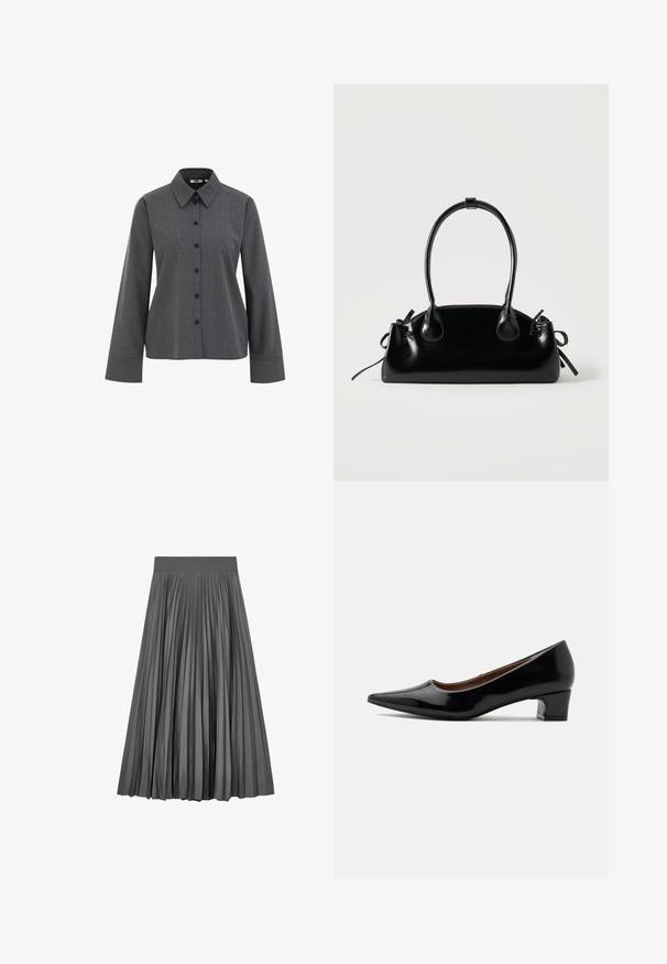 WE Fashion Overhemdblouse - grey; Grijze geplooide midi-rok met brede tailleband, vloeiende stof en smalle verticale plooien die textuur en volume creëren.; Zwarte lakleren pumps met lage hak, spitse neus en gebogen blokhak, getoond in profiel tegen een effen lichte achtergrond.; Kleine zwarte glanzende handtas met twee lange hengsels en zijkant trekkoord details op een effen lichte achtergrond.