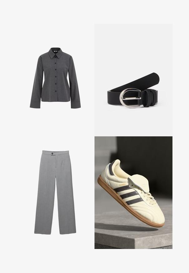 WE Fashion Overhemdblouse - grey; Grijze op maat gemaakte broek met een brede pijp, platte voorkant en subtiele textuur. Bevat een enkele knoopsluiting en strakke lijnen.; Crème leren sneaker met drie donkere strepen, een bruine gumrubberen zool en een ronde neus. Voorzien van een opvouwbare tong met het label "SAMBA."; Zwarte leren riem met een gladde textuur, voorzien van een zilverkleurige metalen gesp en eenvoudige lusaccenten. Het ontwerp is strak en minimalistisch.