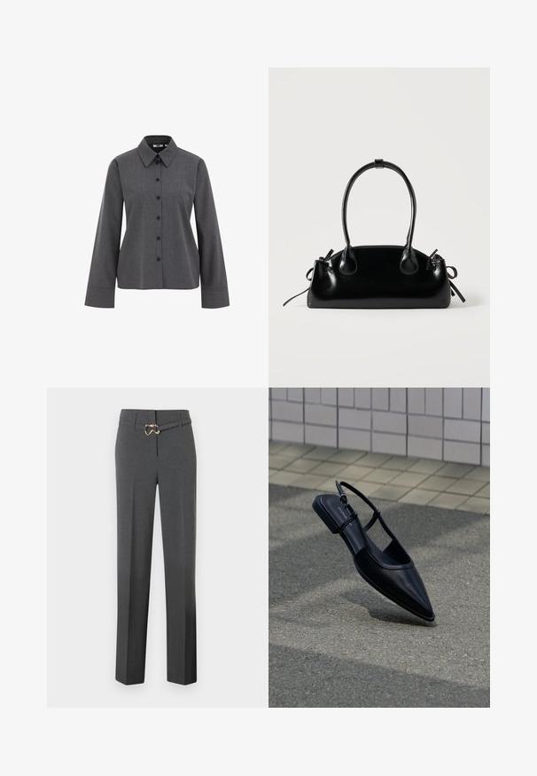 WE Fashion Hemdbluse - grey; Dunkelgraue, maßgeschneiderte Damenhose mit geraden Beinen und einem dünnen, passenden Gürtel mit goldfarbener Schnalle.; Schwarzer, spitz zulaufender Slingback-Flachschuh, der über einer Asphaltfläche neben einem gefliesten Bürgersteig schwebt.; Kleine schwarze glänzende Handtasche mit zwei langen Griffen und seitlichen Kordelzug-Details vor einfachem hellem Hintergrund.