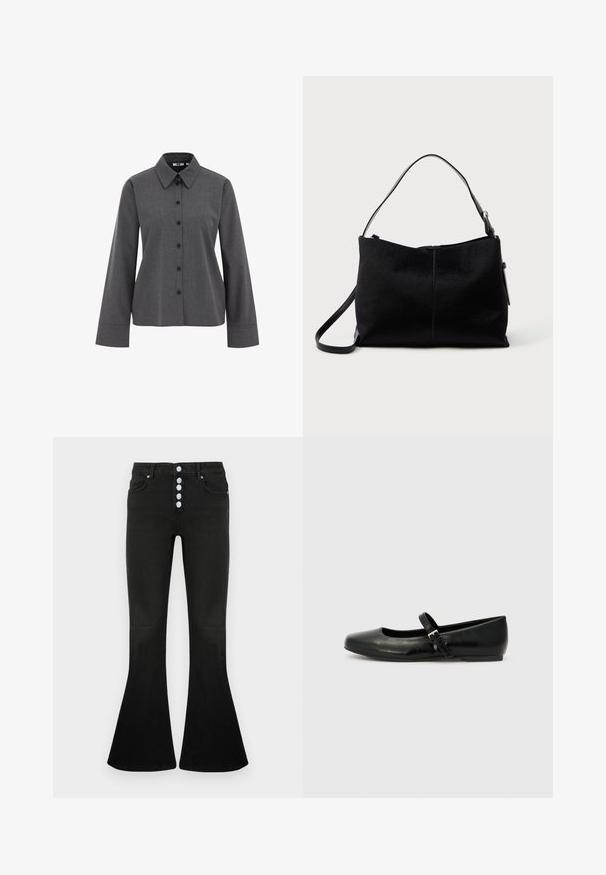 WE Fashion Nööpidega pluus - grey; Mustad laieneva säärega teksapüksid kõrge vöökohaga, viie nupuga esilukk, pehme teksariide tekstuur ja peened õmbluse detailid taskutel ja õmblustel.; Musthave musta nahast balletkingad ümmarguse varbaga, lame tald ja õhuke reguleeritav rihm üle jala, millel on metallist pandla.; Mustardhalli õlakott sujuva tekstuuriga pinnaga, millel on üks rihm ja ülemine tõmblukk. Kompaktne ristkülikukujuline kuju.