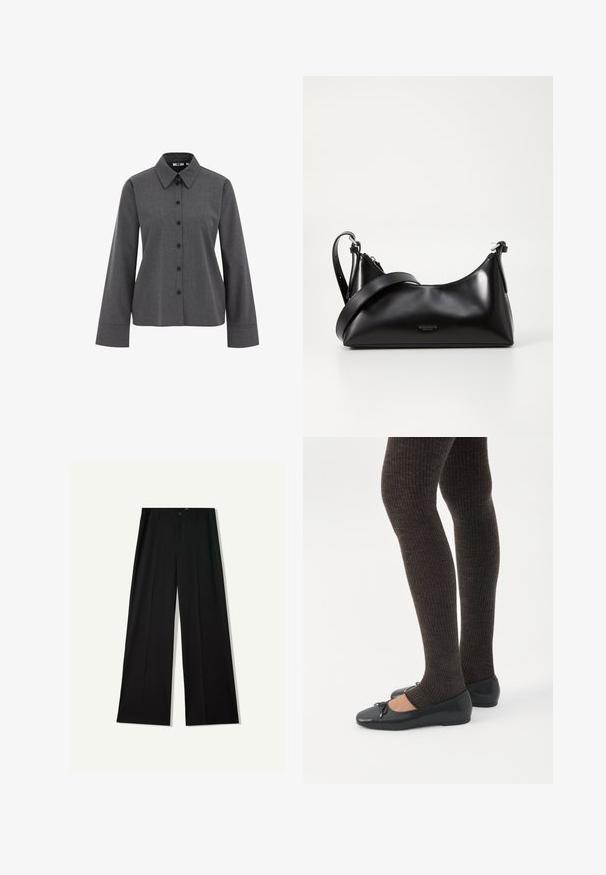 WE Fashion Blúzka so zapínaním na gombíky - grey; Čierne široké nohavice s prednou záhybom, pútkami na opasok a zapínaním na gombík, položené naplocho na bielom pozadí.; Nohy v tmavých pásikavých legínach v kombinácii s čiernymi balerínkami s malými mašličkami na bielom pozadí.; Čierna kožená kabelka s hladkou textúrou. Obsahuje nastaviteľný popruh a elegantný, minimalistický dizajn so zipsovým uzatvorením.