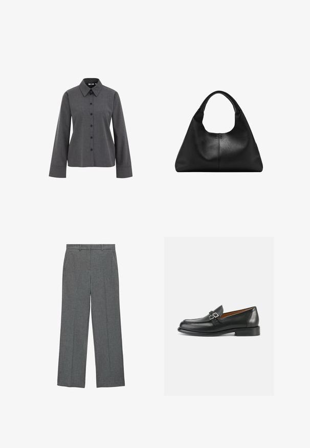 WE Fashion Blúzka so zapínaním na gombíky - grey; Šedé nohavice s rovnými nohavicami, plochým predným dielom a bočnými vreckami. Tkanina má jemnú textúru. Bez viditeľných kovových prvkov.; Čierne kožené mokasíny s prešívaným dizajnom, vybavené dvojitou prackou a mierne zvýšeným opätkom pre väčšiu výšku.; Čierna kožená kabelka s textúrou, širokým základom a hrubými zaoblenými rukoväťami, s centrálnym vertikálnym švom a jemným šitím.