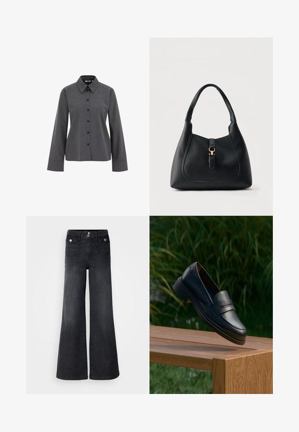 WE Fashion Nööpidega pluus - grey; Mustadest denimist laiad jalad teksad kõrge vöökoha, ees olevate nööpidega ja kahe ees oleva taskuga; sile tekstuur kerge kulumisega viimistlusega.; Mustad nahast mokassiinid, millel on sile tekstuur, tikitud disain ja madal konts, eksponeeritud puidust pinnal taustal taimestikuga.; Must nahast käekott tekstureeritud pinnaga, kaardus kujuga ja kuldse tooni metalldetailidega. Varustatud ühe sangaga ja klambri detailiga.