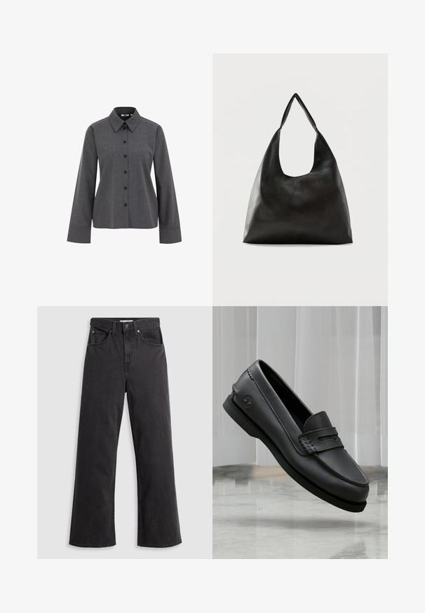 WE Fashion Blusa - grey; Jeans de mezclilla negra de pierna ancha con cintura alta, cinco bolsillos y cierre de botón metálico. La tela tiene una textura suave y ligeramente desvaída.; Mocasín de cuero negro con detalles cosidos y logo en el lateral, mostrado flotando sobre un suelo de mármol con un fondo de cortina clara.; Bolso de hombro de cuero negro liso con una correa ancha y única y un diseño desenfadado y minimalista sobre un fondo sencillo.