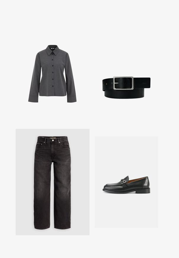 WE Fashion Overhemdblouse - grey; Levi's® BAGGY DAD - Baggy jeans - shrink up; Zwarte leren loafers met een gestikt ontwerp, voorzien van een dubbele gespsluiting en een licht verhoogde hak voor extra lengte.; Zwarte leren riem met zilveren rechthoekige gesp en meerdere verstelgaten, plat gelegd op een witte achtergrond.