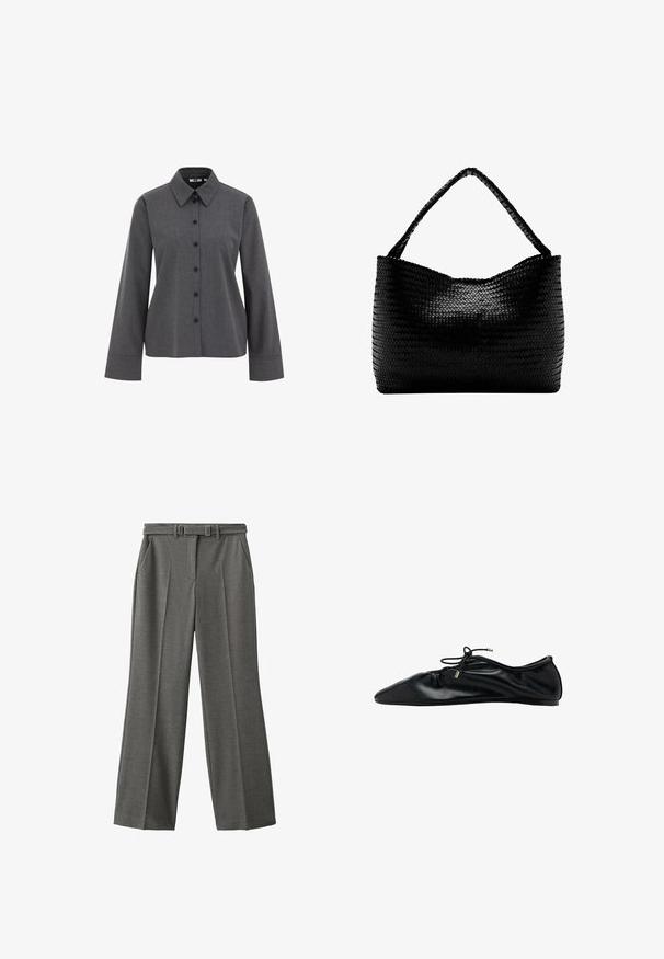 WE Fashion Skjortebluser - grey; Grå, brede bukser lavet af tekstureret stof. Har et bælte med en rektangulær spænde og to sidelommer. Skræddersyet pasform.; Sort ballerinasko i læder med samlet tå og snøre med metalender, minimalistisk og elegant set fra siden.; Sort vævet håndtaske med et enkelt flettet håndtag, rektangulær form og glansfuld tekstureret overflade.