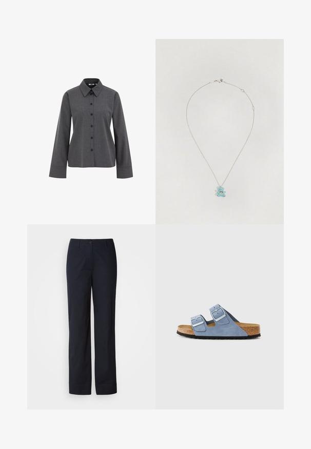 WE Fashion Overhemdblouse - grey; Marineblauwe katoenen broek met een rechte pijp, voorzien van een knoopsluiting aan de voorkant en zonder zichtbare patronen of versieringen.; Blauwe suède sandaal met twee verstelbare banden, zilveren gespen en een kurken voetbed bovenop een zwarte rubberen zool. Lichtgewicht en open ontwerp.; Zilveren ketting met een berenhanger, versierd met turquoise en glinsterende accenten, en gedetailleerd met een hartvormig middelpunt.