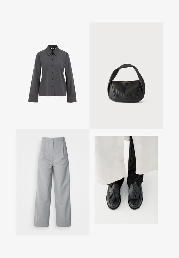 WE Fashion Overhemdblouse - grey; Grijze wijde broek van gestructureerde stof, met een hoge taille, plooien aan de voorkant en een rechte pasvorm naar de zoom.; Zwarte leren loafers met kwastaccenten, voorzien van een afgeronde neus, gestikte details en een gladde afwerking, gedragen met zwarte broek.; Zwarte leren handtas met brede band en bovenste rits, afgebeeld tegen een effen lichte achtergrond.