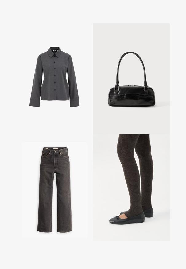 WE Fashion Overhemdblouse - grey; Hoge taille, wijde pijp jeans van donkergrijze denim, met zijzakken, contrasterende koperen klinknagels en een strakke afwerking zonder versieringen.; Benen met donkere geribbelde leggings gecombineerd met zwarte ballerina's met kleine strikdetails op een witte achtergrond.; Zwarte leren handtas met een rechthoekige vorm, voorzien van een enkele gestructureerde handgreep, zilveren hardware en ritsluiting. Gladde textuur.