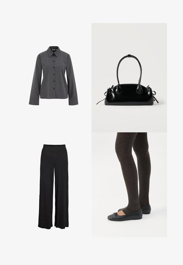 WE Fashion Chemisier - grey; Pantalon large noir à taille haute élastique avec une subtile texture côtelée, conçu pour une coupe ample et confortable.; Jambes portant des leggings côtelés foncés associés à des ballerines noires avec de petits détails en nœud sur fond blanc.; Petit sac à main noir brillant avec deux longues anses et des détails à cordon sur les côtés sur un fond clair uni.