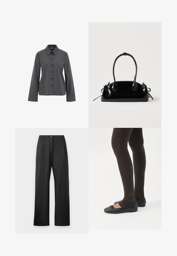 WE Fashion Blúzka so zapínaním na gombíky - grey; Tmavo šedé nohavice s vysokým pásom, zapínaním na gombík, záhybmi vpredu, pútkami na opasok a širokými rovnými nohavicami.; Nohy v tmavých pásikavých legínach v kombinácii s čiernymi balerínkami s malými mašličkami na bielom pozadí.; Malá čierna lesklá kabelka s dvoma dlhými rúčkami a bočnými šnúrkovými detailmi na jednoduchom svetlom pozadí.