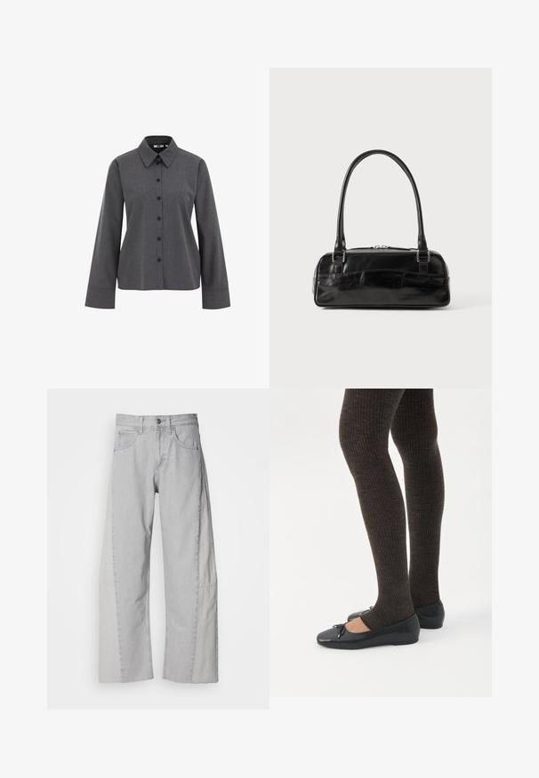 WE Fashion Blúzka so zapínaním na gombíky - grey; Svetlošedé široké džínsy vyrobené z denimu. Majú priliehajúci pás, päť vreciek a čistý lem s miernymi rozdielmi v textúre na stranách.; Nohy v tmavých pásikavých legínach v kombinácii s čiernymi balerínkami s malými mašličkami na bielom pozadí.; Čierna kožená kabelka obdĺžnikového tvaru, vybavená jednou pevnou rukoväťou, strieborným kováním a zipsom. Hladký povrch.