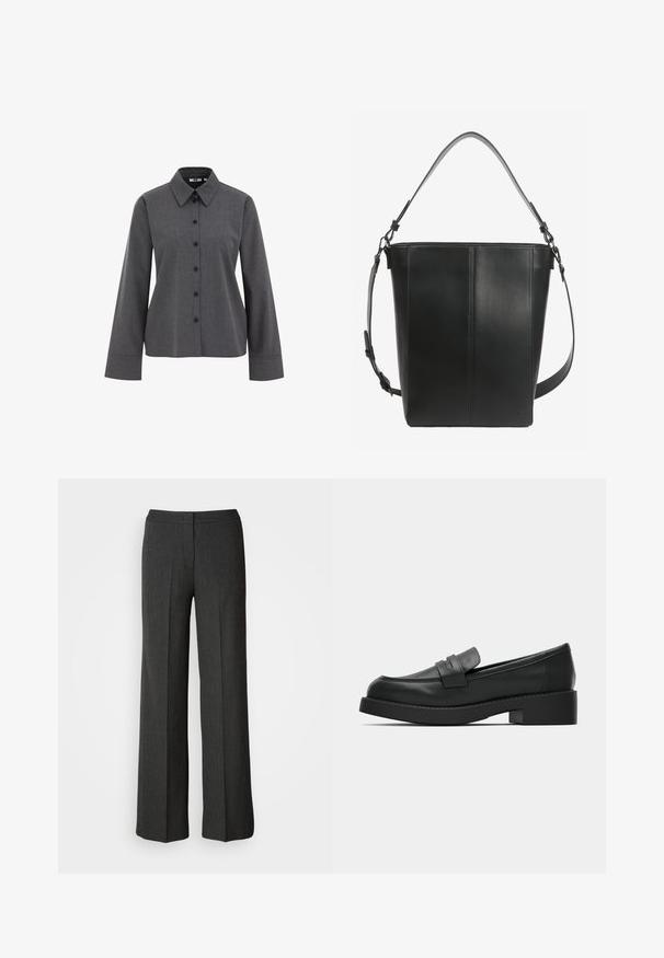 WE Fashion Hemdbluse - grey; Weite Hose in Dunkelgrau, aus strukturiertem Stoff. Verfügt über einen anliegenden Bund und ein dezentes Nadelstreifenmuster.; Schwarze Leder-Loafer mit glatter Textur, rund zulaufender Spitze und niedrigem Blockabsatz. Verfügen über einen Riemen über dem Spann für zusätzliche Details.; Schwarze Leder-Bucket-Bag mit zwei verstellbaren Schulterriemen und minimalen Nahtdetails auf schlichtem Hintergrund.