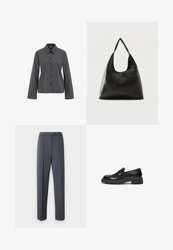 WE Fashion Chemisier - grey; Un pantalon gris sur mesure présente une coupe droite, un devant plissé et une texture lisse. La ceinture est équipée de passants pour une adaptation ajustable.; Mocassins en cuir noir avec un bout arrondi, des détails de couture et une semelle en caoutchouc épaisse dotée d'un motif de traction texturé.; Sac bandoulière en cuir noir lisse avec une large sangle unique et un design décontracté et minimaliste sur un fond uni.