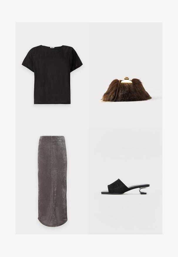Top negro de manga corta con un corte relajado, escote redondeado, textura suave y un diseño simple y minimalista. Sin patrones ni acentos visibles.; Falda gris hasta la rodilla hecha de una suave tela texturizada con un sutil brillo. Presenta un corte recto y un dobladillo redondeado.; Las sandalias de ante negro cuentan con una banda ancha, punta abierta y un tacón metálico escultórico. Suela plana y suave con textura mínima.; Bolso de mano de pelo sintético marrón con un cierre y cadena de color dorado. Textura suave, forma triangular y apariencia ligeramente esponjosa.