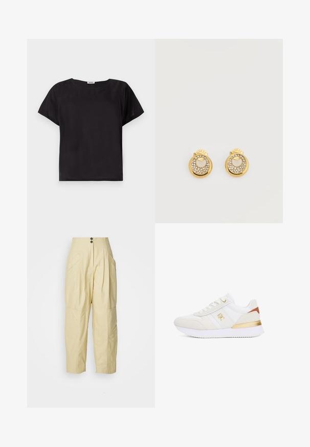 Top negro de manga corta con un corte relajado, escote redondeado, textura suave y un diseño simple y minimalista. Sin patrones ni acentos visibles.; Pantalones de algodón de talle alto color beige, con pliegues, bolsillos laterales y dos botones en la parte delantera. Corte holgado y forma ajustada.; Zapatillas blancas con una combinación de piel y ante, que presentan acentos dorados en el talón y el logo, lados texturizados y una suela de goma blanca.; Pendientes de botón circulares en tono dorado con acentos de pedrería en forma de media luna y la inscripción "GUESS" grabada en la parte superior, con respaldo de acero inoxidable.