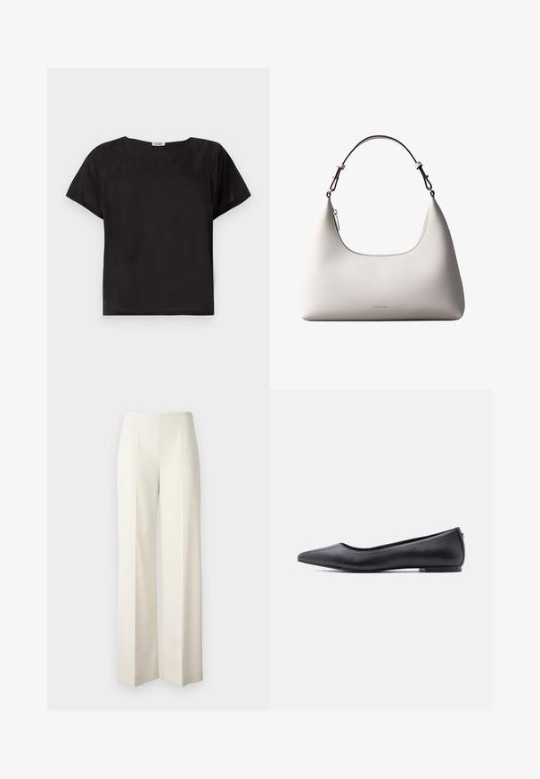 Haut noir à manches courtes avec une coupe décontractée, encolure arrondie, texture lisse et design simple et minimaliste. Pas de motifs ou d'accents visibles.; Pantalons larges blancs en tissu lisse avec plis avant. Conçus avec une taille haute et une finition soignée.; Chaussure plate en cuir noire à bout pointu avec petit talon, vue de profil sur fond blanc.; Sac à bandoulière en cuir couleur crème de Calvin Klein avec bord supérieur incurvé, fermeture éclair argentée et sangle ajustable brun foncé.