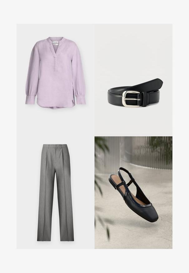 Blouse en lin lavande à manches longues avec décolleté en V, col mandarin, poignets boutonnés et ourlet légèrement arrondi avec fentes latérales.; Pantalon gris sur mesure avec un devant plissé, une coupe droite et une texture subtile. Il présente une taille avec passants pour ceinture et aucune poche visible.; Chaussure plate slingback en cuir noir avec un orteil carré, dotée d'un fini verni brillant et de sangles ajustables pour un maintien sécurisé.; Ceinture en cuir noir avec boucle rectangulaire en argent, enroulée et posée sur une surface blanche.