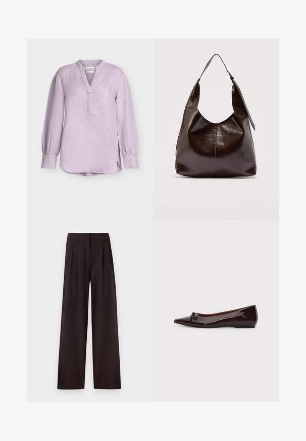 Blouse en lin lavande à manches longues avec décolleté en V, col mandarin, poignets boutonnés et ourlet légèrement arrondi avec fentes latérales.; Pantalon marron foncé à jambes larges avec plis et passants pour ceinture, doté d'une fermeture éclair avant et d'un ourlet net sur un fond uni.; Chaussure plate marron brillante à bout pointu avec un petit nœud sur le devant et un petit talon sur un fond uni.; Sac à bandoulière en cuir marron foncé brillant avec une seule large sangle et un détail de boucle sur un côté, posé sur un fond clair uni.