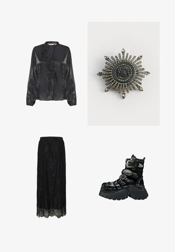 Culture CUFIOLA - Pluus - black; Must mustrakkega midi seelik, millel on sakilised äärised ja lillemuster, silikoonist vöökoht.; Mustad platvormsaapad paksu tallaga, mitme tekstuurse rihmaga, hõbedaste pandlatega, dekoratiivsete metalldetailide ja naelutatud detailidega.; Tähtekujuline brošš hõbedatootes koos selgete lillekividega. Keskne disain sisaldab ringikujulist embleemi koos keerukate detailidega.