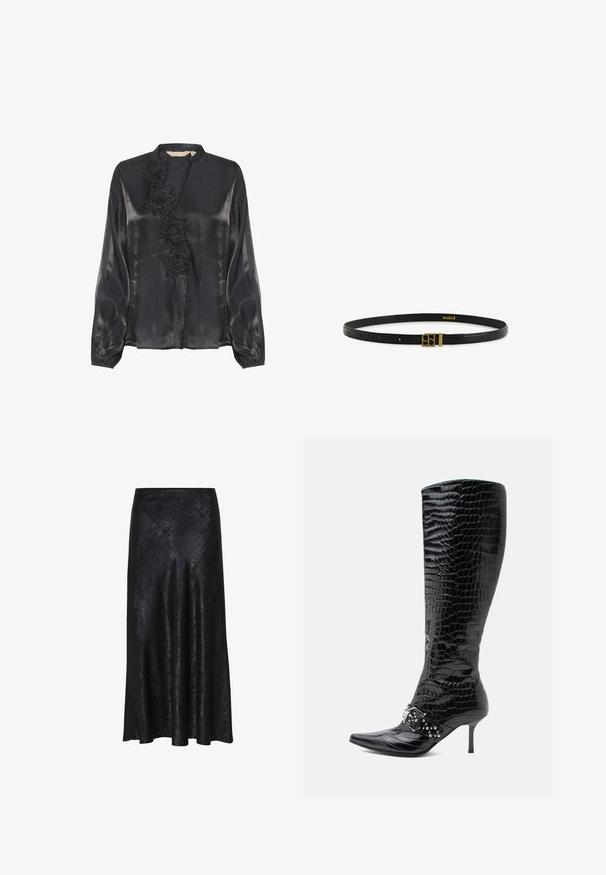 Culture CUFIOLA - Pluus - black; Must mustriga midi seelik sujuva tekstuuriga, laieneva kujuga ja õrna sädeleva pinnaga, külgsuuna lõhega lisaliikuvuseks.; Must musta kõrge kontsaga saapad, millel on krokodilli tekstuur, terav nina ja dekoratiivne hõbedane nöör üleääre.; Mustast nahast vöö, millel on kuldne ristkülikukujuline pandl koos põimunud tähtedega, laotatud valgele taustale.