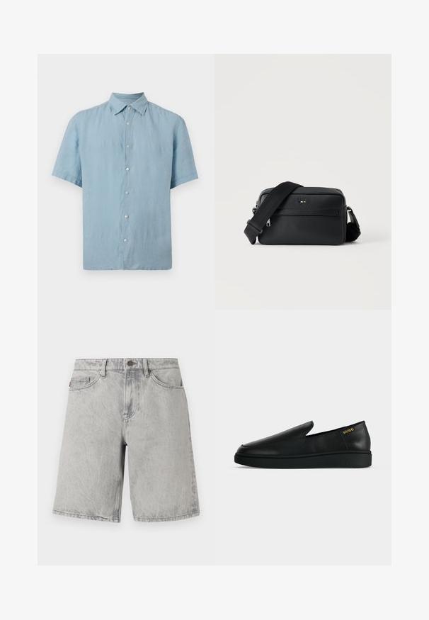 Chemise bleu clair à manches courtes avec un col classique, sept boutons blancs sur le devant, présentée sur un fond uni.; Shorts en jean gris clair avec fermeture par bouton et fermeture éclair, passants pour ceinture et poches avant, présentés sur un fond blanc.; Chaussure noire en cuir à enfiler avec semelle épaisse et marquage "HUGO" en or près du talon sur un fond uni gris clair.; Sac bandoulière en cuir noir texturé avec poche avant zippée et bandoulière large en tissu réglable sur fond blanc.