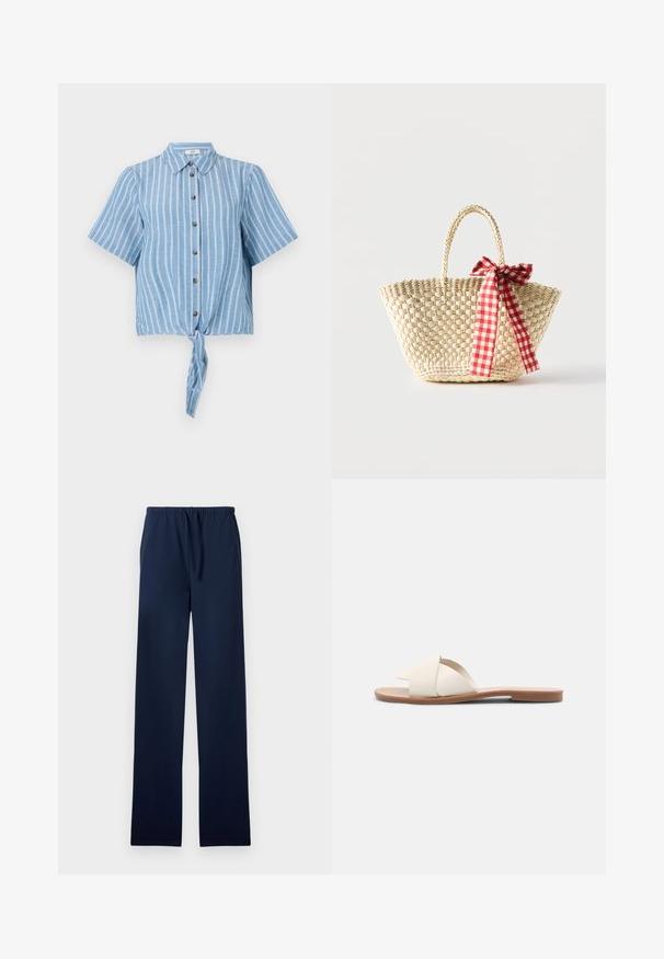 Hellblaues Kurzarmhemd mit vertikalen weißen Streifen, Knopfleiste und gebundenem Detail am Saum. Aus weichem Material.; Marineblaue Jogginghose aus weichem, glattem Stoff; verfügt über einen elastischen Bund mit Kordelzug und gerade, lockere Beine.; Helle beigefarbene flache Sandalen mit überkreuzten Riemen, einem glatten synthetischen Obermaterial und einer braunen, flachen Gummisohle. Keine Verzierungen oder Muster.; Geflochtene Strohtasche mit geflochtenen Griffen und einer rot-weiß karierten Schleife, die an einer Seite gebunden ist.