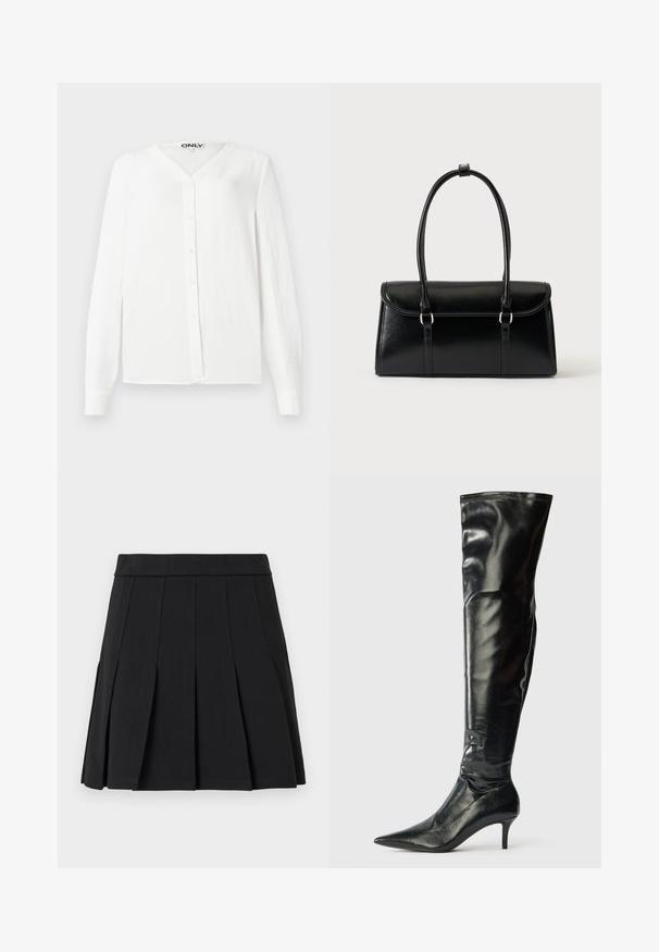 Chemise blanche à manches longues avec un col en V, fermeture boutonnée à l'avant, tissu texturé et coupe droite. Comprend six boutons et des poignets standards.; Jupe plissée noire en tissu lisse. Elle présente une large ceinture et plusieurs plis aiguille verticaux.; Bottes en cuir noir montantes, avec une finition brillante, un bout pointu et un talon aiguille mince. Présentent un haut ajusté avec des détails de couture.; Sac à main rectangulaire en cuir noir avec fermeture à rabat et deux longues anses sur fond blanc uni.