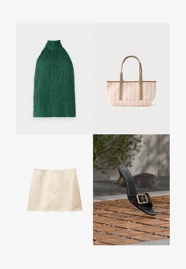 Haut plissé vert avec un col montant. Fait de tissu texturé, avec un design froncé et des stries verticales pour plus de dimension.; Jupe mini de couleur crème avec une texture lisse, une forme droite et des lignes épurées. Présente des coutures invisibles le long de l'ourlet.; Mule à talon haut en cuir noir avec boucle dorée flottant au-dessus d’un sol carrelé en bois, fond extérieur avec un buisson vert et un mur en pierre.; Sac fourre-tout rayé beige et brun clair avec deux longues poignées solides et une petite fermeture à bouton doré au centre supérieur.