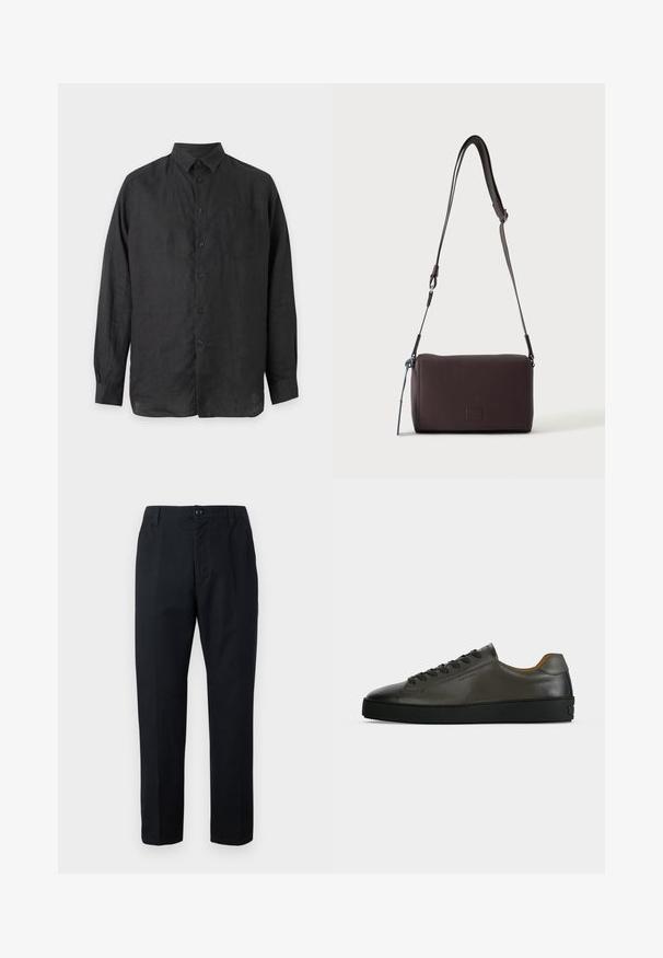 Chemise noire à manches longues boutonnée avec col et une poche poitrine unique, présentée sur un fond clair uni.; Pantalon noir à jambe droite avec fermeture à boutons, passants pour ceinture et poches latérales, présenté sur un fond uni.; Basket basse en cuir gris foncé avec lacets et semelle noirs, design minimaliste, profil latéral sur un fond clair uni.; Sac bandoulière en cuir marron foncé texturé avec une sangle réglable et un petit accent décoratif bleu sur le côté.
