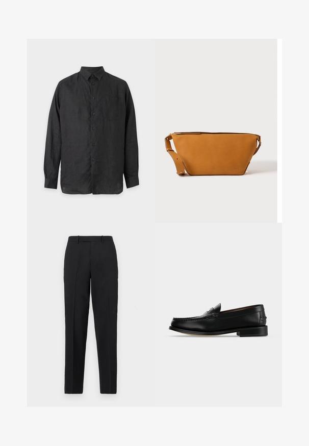 Chemise noire à manches longues boutonnée avec col et une poche poitrine unique, présentée sur un fond clair uni.; Theory STRAIGHT - Pantalon classique - deep black; Mocassin homme en cuir noir avec un petit talon et une couture de style mocassin sur l'avant, vu de côté sur un fond uni.; Sac bandoulière en cuir marron clair avec sangle réglable et fermeture éclair, présenté sur un fond clair uni.