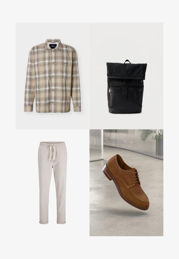 Chemise à manches longues à carreaux beige et marron, avec boutons sur le devant et deux poches poitrine, présentée sur un fond blanc.; Pantalon décontracté beige avec taille élastique, cordon de serrage à l'avant et revers roulés, présenté sur un fond blanc.; Chaussure de ville en cuir suédé marron avec un bout arrondi, un laçage et un talon en bois. Présente une texture lisse et des détails de coutures subtils.; Sac à dos noir à ouverture roulante, poche zippée à l'avant, sangle à boucle et poignée supérieure sur fond blanc uni.