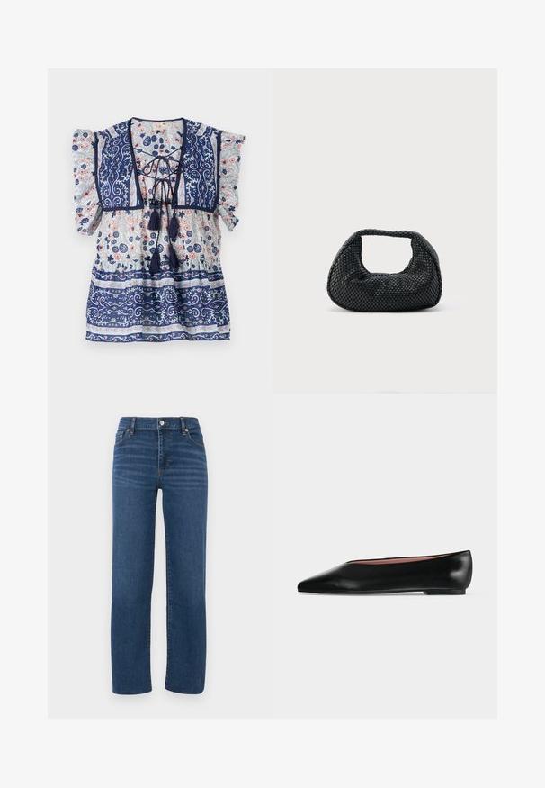 Marineblauwe bloes met bloemenprint, pofmouwen, een vetersluiting aan de voorkant, franjes en delicate patronen in lichtblauw en perzik, gemaakt van lichtgewicht stof.; Blauwe denim jeans met een rechte pasvorm, hoge taille, vo pockets en een klassiek vijf-pocket ontwerp. Glad textuur; minimale stikseldetails.; Zwarte leren damesschoen met platte zool, puntige neus en lage hak, zijwaarts afgebeeld tegen een effen lichtgrijze achtergrond.; Zwarte geweven hobo-tas met een zachte structuur en geïntegreerd handvat, weergegeven op een effen lichte achtergrond.