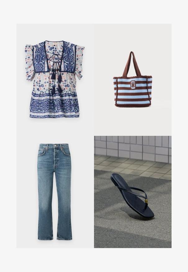 Marineblauwe bloes met bloemenprint, pofmouwen, een vetersluiting aan de voorkant, franjes en delicate patronen in lichtblauw en perzik, gemaakt van lichtgewicht stof.; Lichtblauwe denim jeans met een hoge taille, recht gesneden pijpen en subtiele vervaging. Kenmerken zijn klassieke vijf-pocket styling en een metalen knoopsluiting.; Zwarte leren teenslipper met een gouden decoratieve gesp, rustend op gestructureerd straatwerk nabij een betegelde muur in een buitenomgeving.; Bruin en lichtblauw gestreepte gehaakte draagtas met twee handvatten en een rechthoekige geborduurde patch aan de voorkant in het midden.