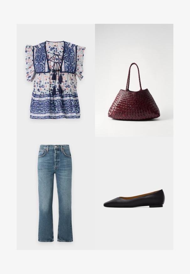 Marineblauwe bloes met bloemenprint, pofmouwen, een vetersluiting aan de voorkant, franjes en delicate patronen in lichtblauw en perzik, gemaakt van lichtgewicht stof.; Lichtblauwe denim jeans met een hoge taille, recht gesneden pijpen en subtiele vervaging. Kenmerken zijn klassieke vijf-pocket styling en een metalen knoopsluiting.; Zwarte leren puntschoen met lage hak en gladde afwerking, zijaanzicht op een lichtgrijze achtergrond.; DRAGON DIFFUSION SANTA CROCE BIG - Handtas - bordo