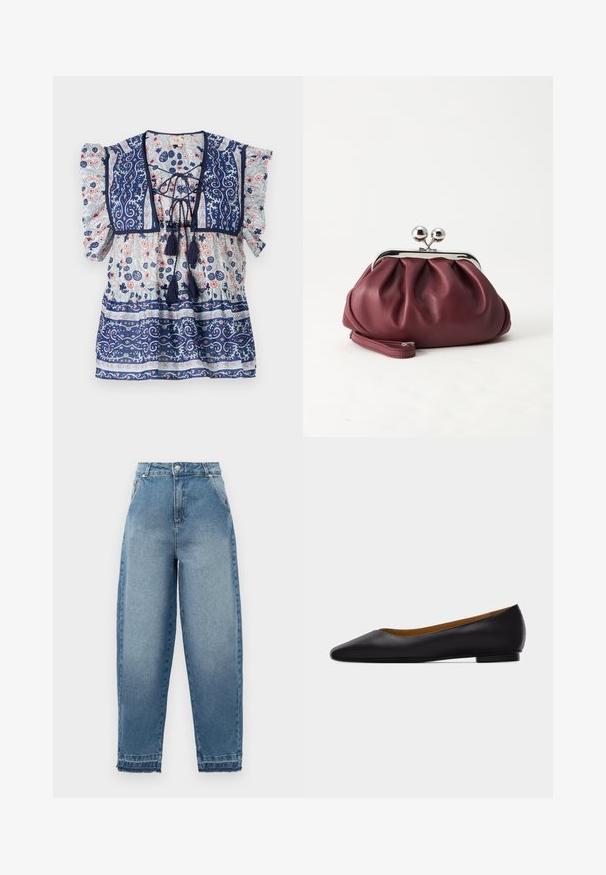Marinebluse mit Blumenmuster, Puffärmeln, Schnürung, Quasten und aufwendigen Mustern in Hellblau und Pfirsich, aus leichtem Stoff.; Helle blaue Denim-Jeans mit hoher Taille, lockerer Passform, Fünf-Taschen-Design und ausgefransten Säumen. Sie verfügen über klassische Nähte und einen Reißverschluss.; Schwarzer flacher Schuh aus Leder mit spitz zulaufender Vorderkappe, niedrigem Absatz und glatter Oberfläche, von der Seite vor einem hellgrauen Hintergrund dargestellt.; Kleine burgunderrote Lederclutch mit silbernem Metallverschluss und Handgelenksriemen auf weißem Hintergrund.