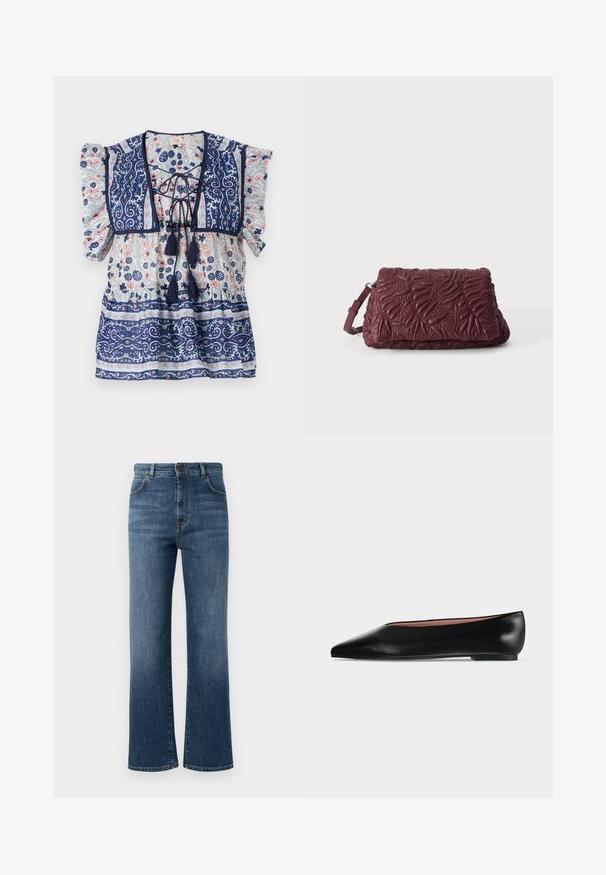 Marineblauwe bloes met bloemenprint, pofmouwen, een vetersluiting aan de voorkant, franjes en delicate patronen in lichtblauw en perzik, gemaakt van lichtgewicht stof.; Donkerblauwe denim jeans met een rechte pijp, vijf zakken, knoopsluiting en subtiele stiksels.; Zwarte leren damesschoen met platte zool, puntige neus en lage hak, zijwaarts afgebeeld tegen een effen lichtgrijze achtergrond.; Donkerrode gestructureerde leren clutch met reliëf bladvormen en een verstelbare polsriem op een effen lichte achtergrond.