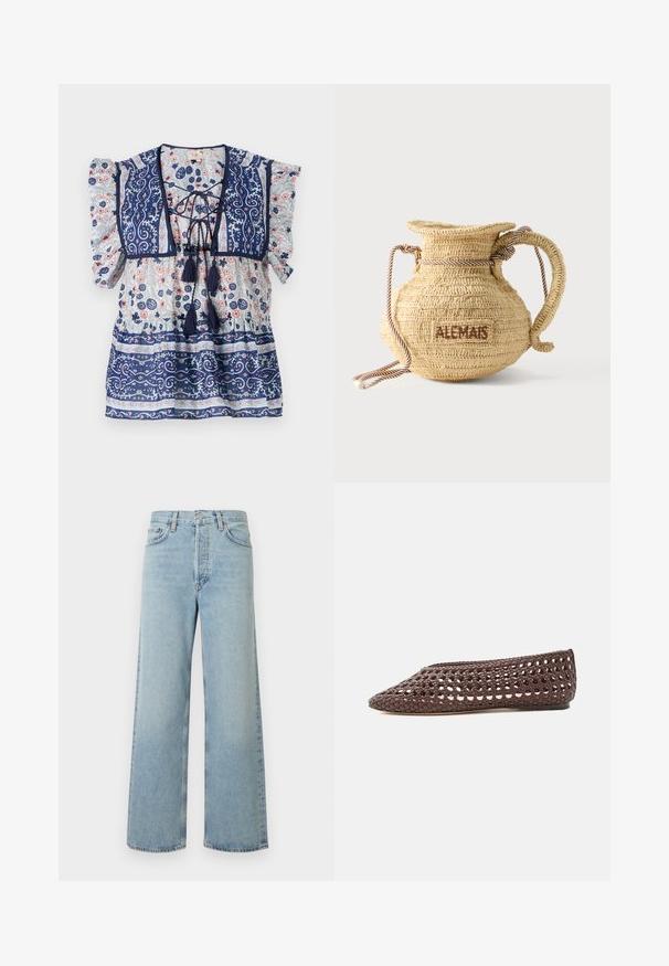 Marineblå blomstret bluse med puffærmer, snørefront, kvaster og detaljerede mønstre i lysblå og fersken, lavet af letvægtsstof.; Lyseblå vide bukser i denimstof med høj talje. Har fem lommer, knaplukning og subtilt falmet tekstur.; Brun flad sko med vævet åbent design og lukket rundet tå, vist fra siden på en lys baggrund.; Rund flettet stråtaske med håndtag af reb og "ALEMAIS" broderet på siden med brunt garn.