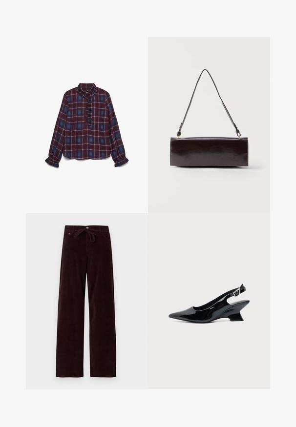 Blouse à manches longues en flanelle bordeaux et bleue à carreaux, avec col à volants, patte de boutonnage à l'avant et poignets à volants.; Pantalons en velours côtelé bordeaux foncé à coupe décontractée, avec une taille à nouer et des poches avant. La texture est côtelée et le tissu semble doux.; Chaussure slingback en cuir verni noir avec bout pointu et petit talon bloc incliné sur fond clair uni.; Sac à main rectangulaire en cuir noir avec une longue bandoulière unique et une finition brillante, présenté sur un fond blanc uni.