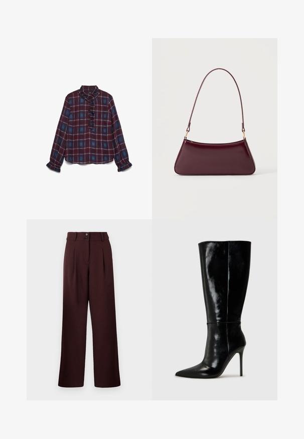 Blouse à manches longues en flanelle bordeaux et bleue à carreaux, avec col à volants, patte de boutonnage à l'avant et poignets à volants.; Pantalons évasés en bordeaux foncé, avec une taille haute, deux plis à l'avant et une fermeture à deux boutons. Fabriqués en tissu texturé.; Bottes noires en cuir, hautes jusqu'au genou, avec un bout pointu et un talon aiguille haut. Texture lisse et design épuré, avec un minimum de détails.; Sac à main brillant bordeaux foncé avec une anse fine unique et une forme trapézoïdale élégante sur un fond clair uni.