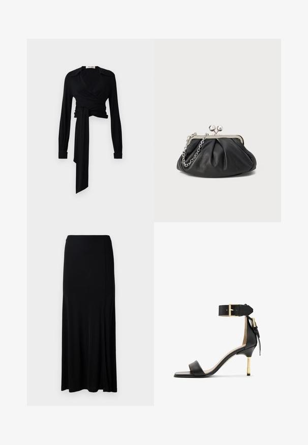Blusa negra de manga larga, con cuello abierto y detalle de lazo en la cintura. Fabricada con una tela suave de textura ligera.; Falda maxi negra hecha de una tela suave, con una abertura lateral, cinturilla elástica y un corte recto para un diseño minimalista.; Sándal de tacón de cuero negro con punta cuadrada, correa en el tobillo con hebilla dorada y un tacón metálico esbelto. Textura suave, diseño minimalista.; Clutch de cuero negro con textura arrugada, marco de metal en tono plateado, cierre de beso y cadena para colgar. Superficie suave y lisa.