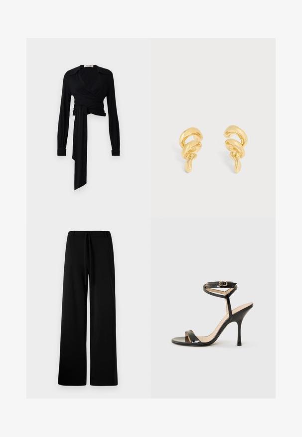 Blusa negra de manga larga, con cuello abierto y detalle de lazo en la cintura. Fabricada con una tela suave de textura ligera.; Pantalones anchos de color negro, fabricados en un tejido suave, con cintura elástica y cordón, textura lisa y sin bolsillos ni estampados visibles.; Sandalia de tacón alto de charol negro con tira delgada en el tobillo y hebilla, punta abierta y tacón aguja esbelto sobre fondo blanco.; Par de pendientes de aro torcido tono dorado brillante con un diseño escultórico y fluido sobre un fondo claro liso.