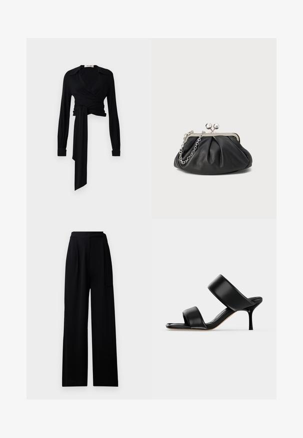 Blusa negra de manga larga, con cuello abierto y detalle de lazo en la cintura. Fabricada con una tela suave de textura ligera.; Pantalones de pierna ancha negros fabricados con un tejido suave, que cuentan con una cintura alta y un cinturón de lazo a juego, con una textura lisa y sin patrones visibles.; Sandalia mule de cuero negro con dos tiras anchas y un tacón de aguja delgado de altura media sobre un fondo claro y sencillo.; Clutch de cuero negro con textura arrugada, marco de metal en tono plateado, cierre de beso y cadena para colgar. Superficie suave y lisa.