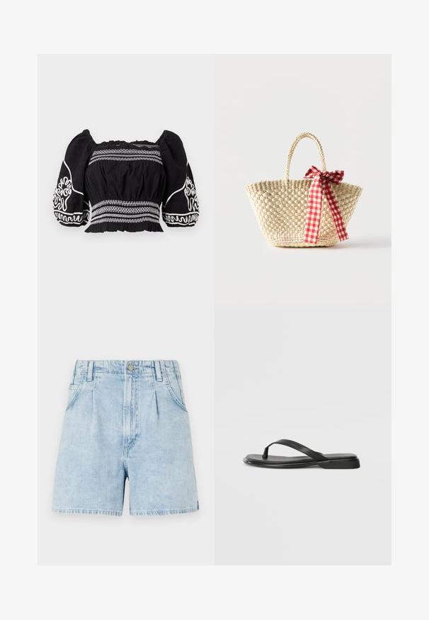 Blouse noire à épaules dénudées avec des manches bouffantes, ornée de motifs brodés blancs et d'un tissu texturé, taille froncée et poignets élastiques.; Shorts en denim bleu clair taille haute, avec des plis sur le devant, deux poches latérales et une fermeture à bouton. Tissu doux et texturé.; Tongs noires en cuir lisse, avec un design de sangle fine et une semelle plate à profil minimal. Aucun motif ou accent notables.; Sac cabas en paille tissée avec des poignées tressées et un ruban à carreaux rouge et blanc noué en un nœud d'un côté.