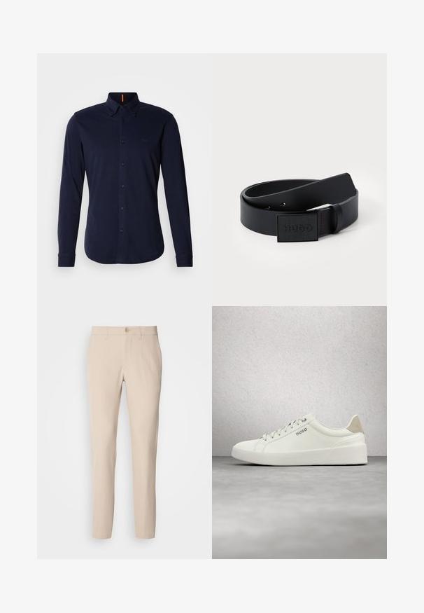 Mørkeblå langærmet skjorte med knapper i bomuld, med klassisk krave, diskret logo på brystet og knappede manchetter.; Beige bukser lavet af blødt stof, med knaplukning, lige snit og sidelommer. Glat tekstur med minimale syninger.; Hvid lav sneaker med snørebånd og beige hælflap med mærket "HUGO," svævende over en poleret betonflade nær en glasblokvæg.; Sort syntetisk bælte med en glat overflade, udstyret med en rektangulær sort spænde præget med "HUGO" og rød stikning som accent.